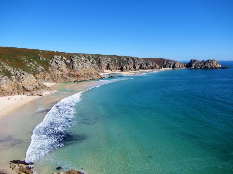 Blue seas at porthcurno beach