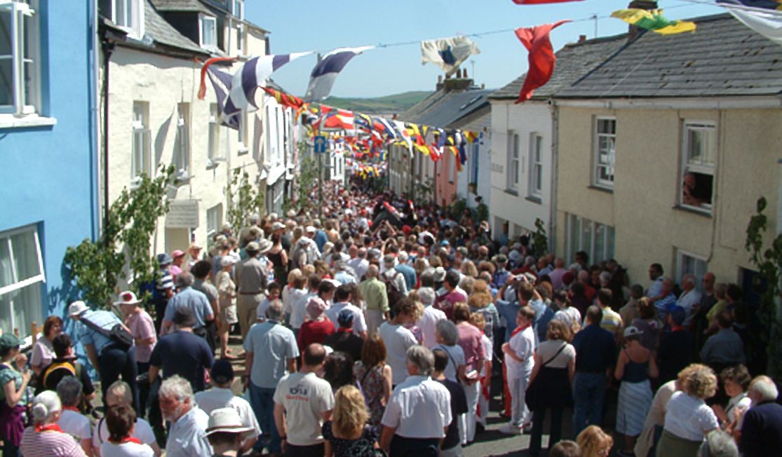 Packed streets of Padstow during May Day